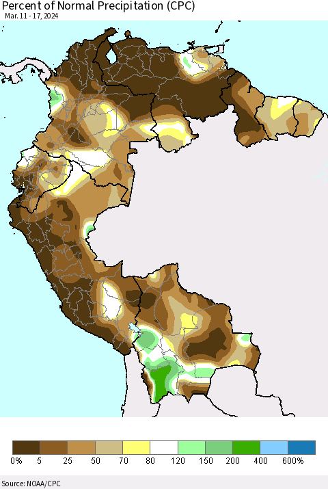 Northern South America Percent of Normal Precipitation (CPC) Thematic Map For 3/11/2024 - 3/17/2024