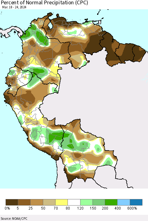 Northern South America Percent of Normal Precipitation (CPC) Thematic Map For 3/18/2024 - 3/24/2024