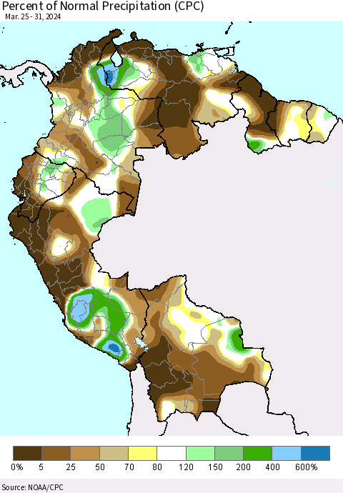 Northern South America Percent of Normal Precipitation (CPC) Thematic Map For 3/25/2024 - 3/31/2024