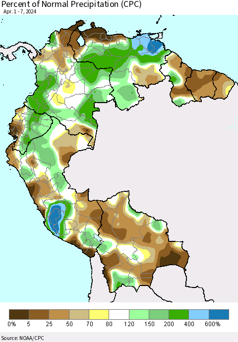Northern South America Percent of Normal Precipitation (CPC) Thematic Map For 4/1/2024 - 4/7/2024