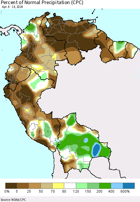 Northern South America Percent of Normal Precipitation (CPC) Thematic Map For 4/8/2024 - 4/14/2024