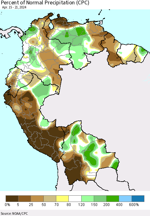Northern South America Percent of Normal Precipitation (CPC) Thematic Map For 4/15/2024 - 4/21/2024
