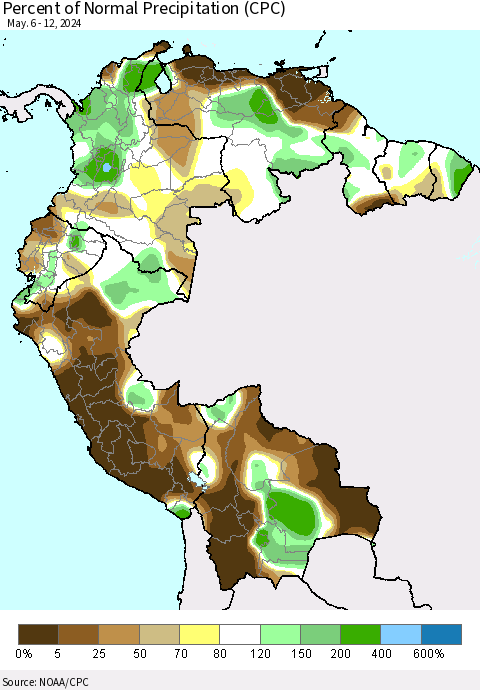 Northern South America Percent of Normal Precipitation (CPC) Thematic Map For 5/6/2024 - 5/12/2024