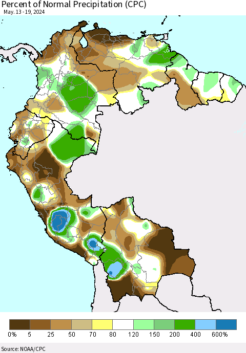 Northern South America Percent of Normal Precipitation (CPC) Thematic Map For 5/13/2024 - 5/19/2024