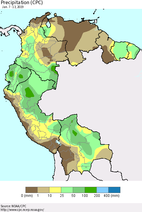 Northern South America Precipitation (CPC) Thematic Map For 1/7/2019 - 1/13/2019
