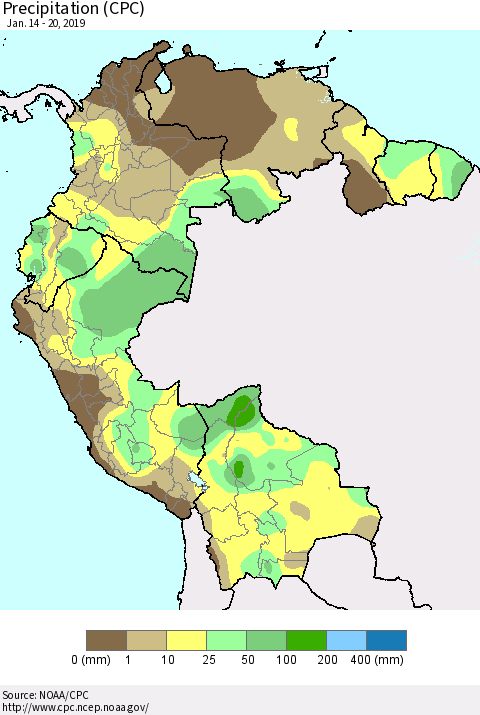 Northern South America Precipitation (CPC) Thematic Map For 1/14/2019 - 1/20/2019