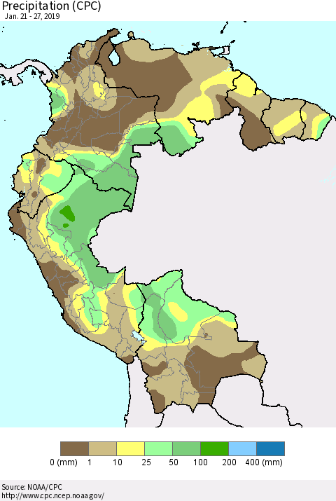 Northern South America Precipitation (CPC) Thematic Map For 1/21/2019 - 1/27/2019