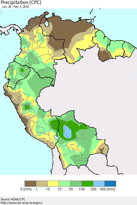 Northern South America Precipitation (CPC) Thematic Map For 1/28/2019 - 2/3/2019