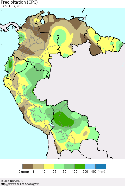 Northern South America Precipitation (CPC) Thematic Map For 2/11/2019 - 2/17/2019