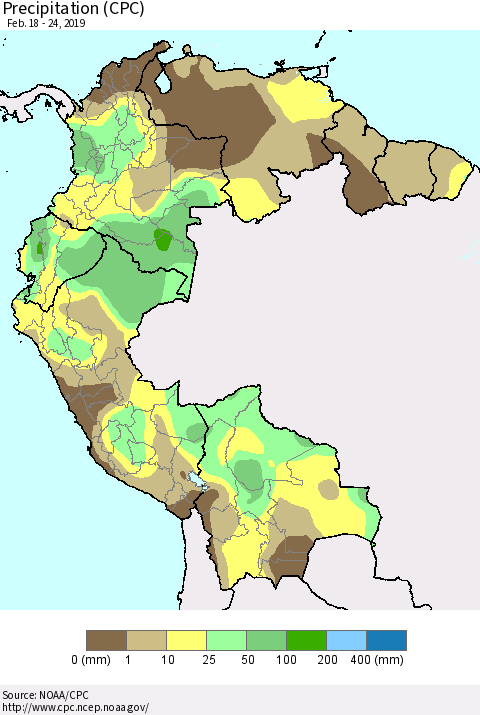 Northern South America Precipitation (CPC) Thematic Map For 2/18/2019 - 2/24/2019