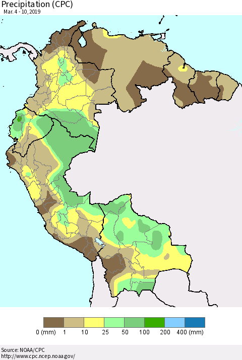 Northern South America Precipitation (CPC) Thematic Map For 3/4/2019 - 3/10/2019