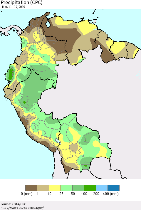 Northern South America Precipitation (CPC) Thematic Map For 3/11/2019 - 3/17/2019