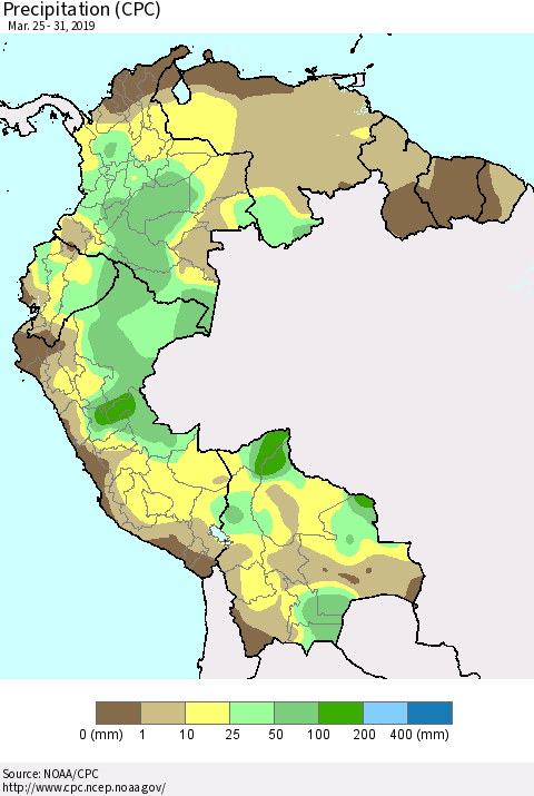 Northern South America Precipitation (CPC) Thematic Map For 3/25/2019 - 3/31/2019