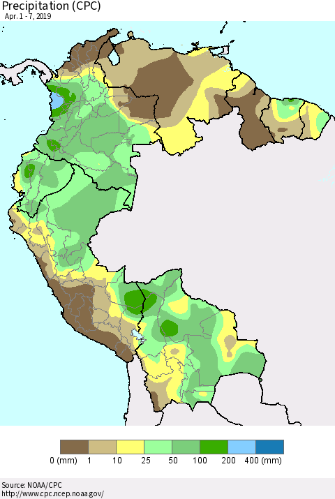 Northern South America Precipitation (CPC) Thematic Map For 4/1/2019 - 4/7/2019