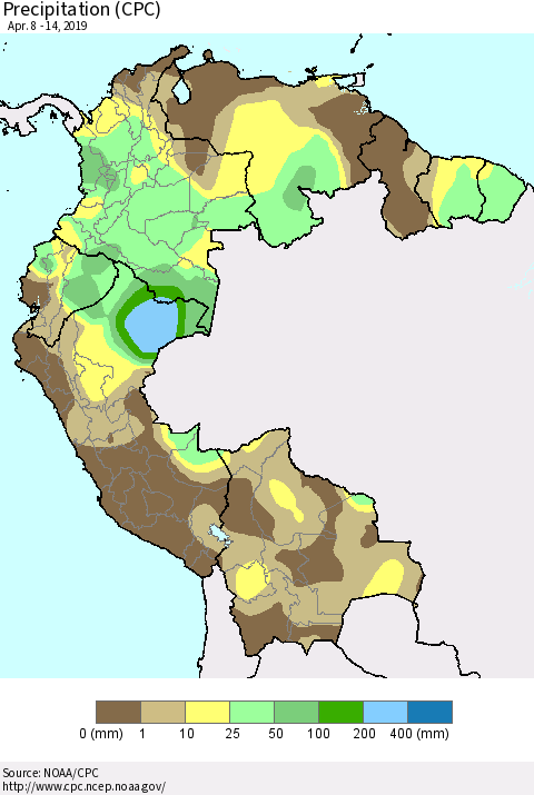 Northern South America Precipitation (CPC) Thematic Map For 4/8/2019 - 4/14/2019