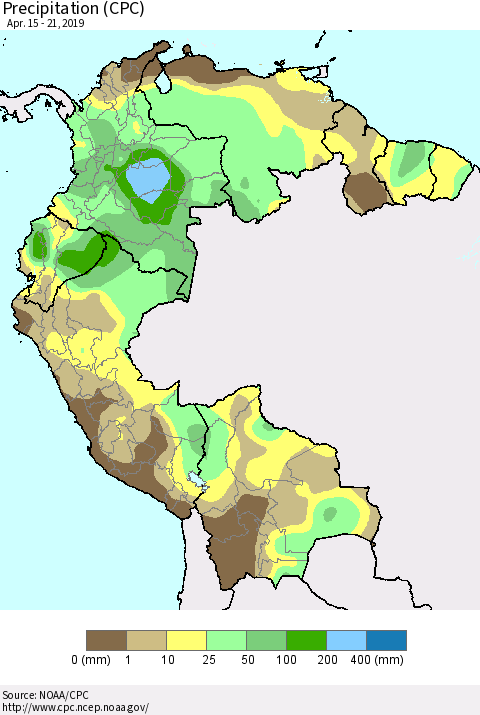 Northern South America Precipitation (CPC) Thematic Map For 4/15/2019 - 4/21/2019