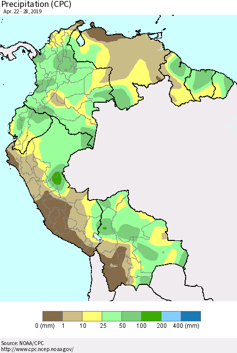 Northern South America Precipitation (CPC) Thematic Map For 4/22/2019 - 4/28/2019