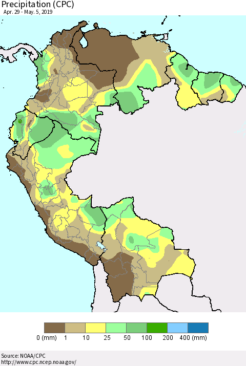 Northern South America Precipitation (CPC) Thematic Map For 4/29/2019 - 5/5/2019