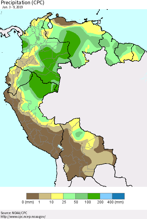 Northern South America Precipitation (CPC) Thematic Map For 6/3/2019 - 6/9/2019