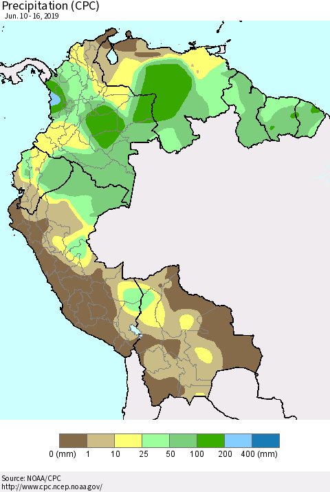 Northern South America Precipitation (CPC) Thematic Map For 6/10/2019 - 6/16/2019