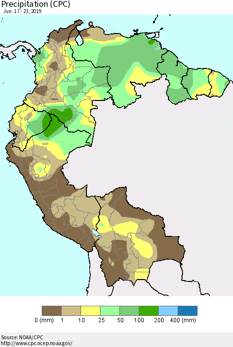 Northern South America Precipitation (CPC) Thematic Map For 6/17/2019 - 6/23/2019