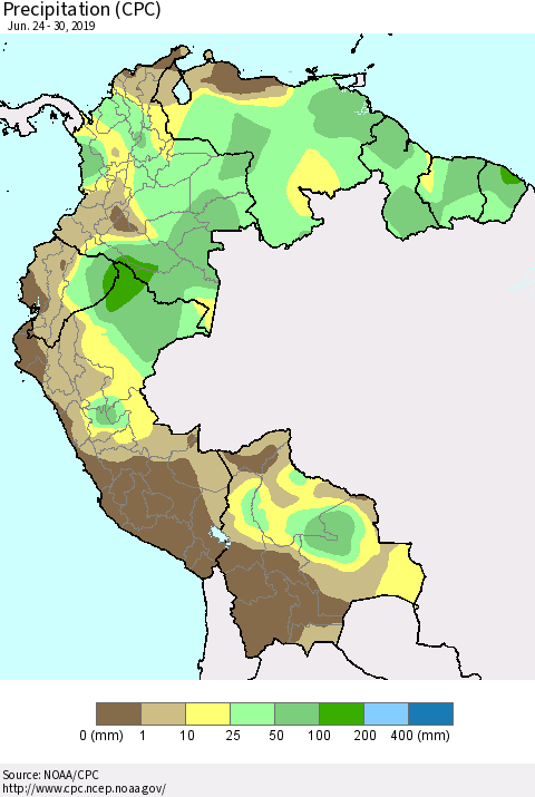 Northern South America Precipitation (CPC) Thematic Map For 6/24/2019 - 6/30/2019