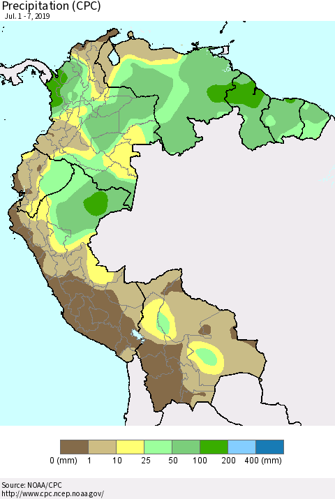 Northern South America Precipitation (CPC) Thematic Map For 7/1/2019 - 7/7/2019