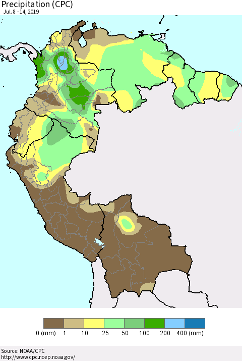 Northern South America Precipitation (CPC) Thematic Map For 7/8/2019 - 7/14/2019