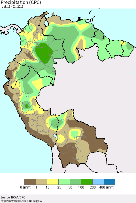 Northern South America Precipitation (CPC) Thematic Map For 7/15/2019 - 7/21/2019