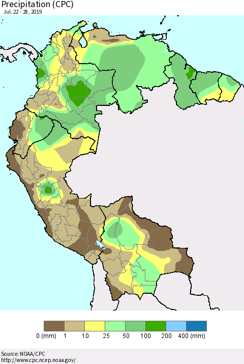 Northern South America Precipitation (CPC) Thematic Map For 7/22/2019 - 7/28/2019