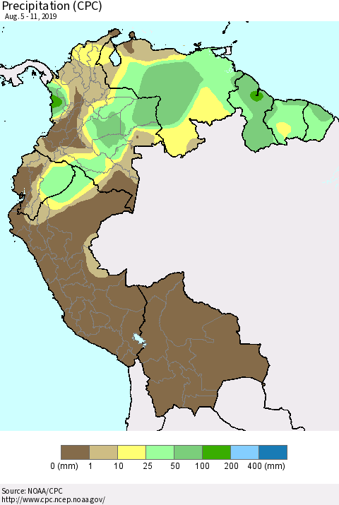 Northern South America Precipitation (CPC) Thematic Map For 8/5/2019 - 8/11/2019