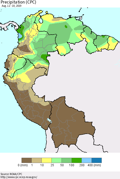 Northern South America Precipitation (CPC) Thematic Map For 8/12/2019 - 8/18/2019
