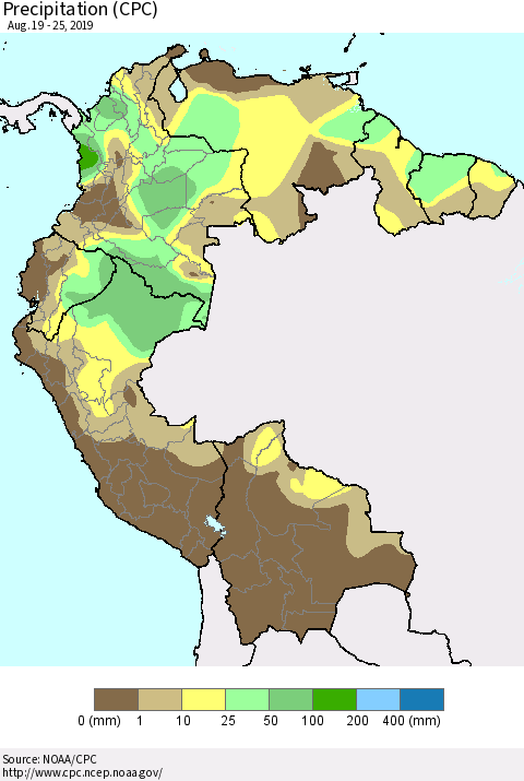 Northern South America Precipitation (CPC) Thematic Map For 8/19/2019 - 8/25/2019