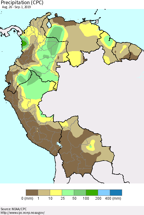 Northern South America Precipitation (CPC) Thematic Map For 8/26/2019 - 9/1/2019