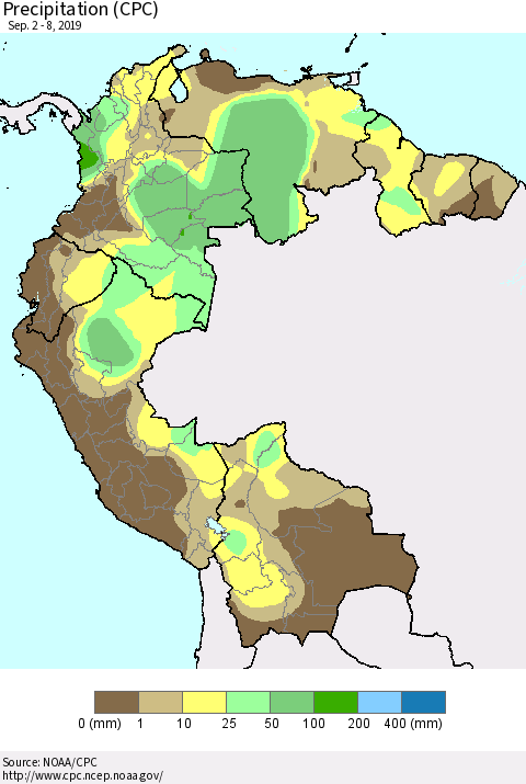Northern South America Precipitation (CPC) Thematic Map For 9/2/2019 - 9/8/2019