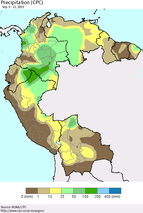 Northern South America Precipitation (CPC) Thematic Map For 9/9/2019 - 9/15/2019