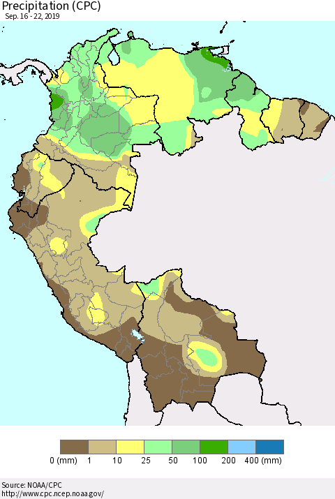 Northern South America Precipitation (CPC) Thematic Map For 9/16/2019 - 9/22/2019