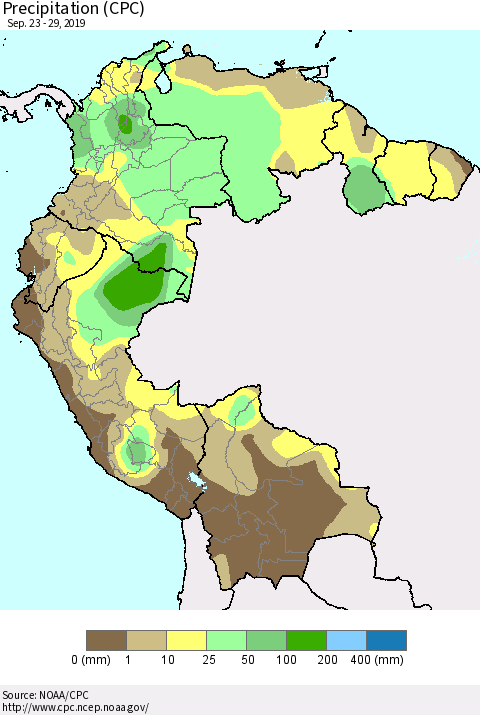 Northern South America Precipitation (CPC) Thematic Map For 9/23/2019 - 9/29/2019