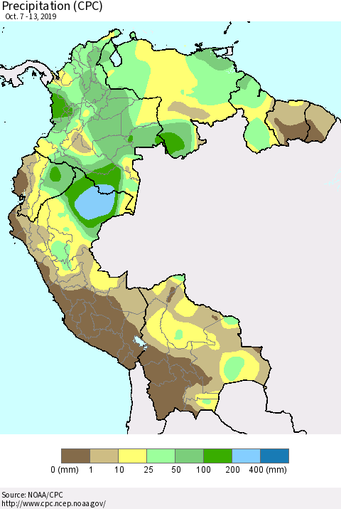 Northern South America Precipitation (CPC) Thematic Map For 10/7/2019 - 10/13/2019