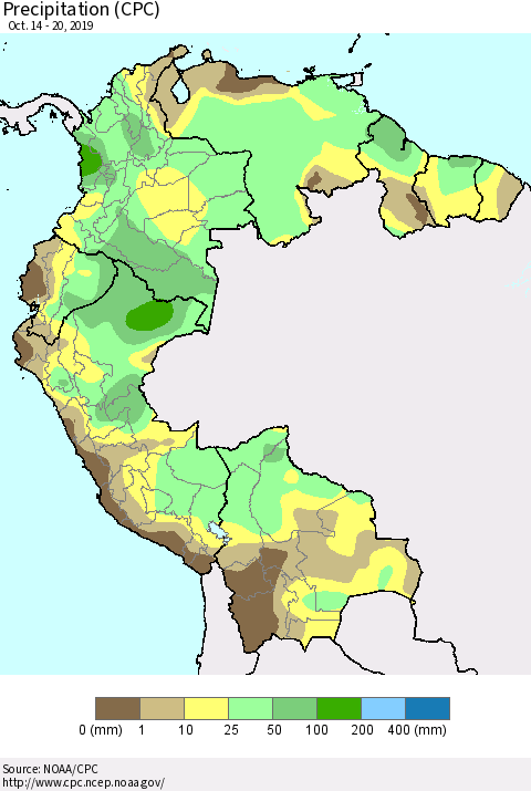 Northern South America Precipitation (CPC) Thematic Map For 10/14/2019 - 10/20/2019