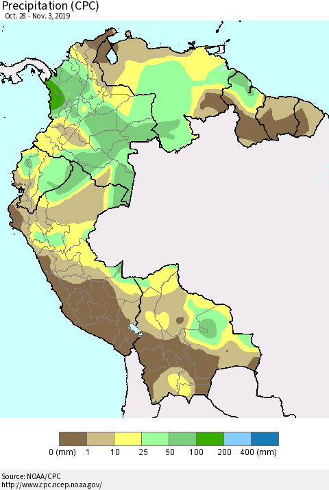Northern South America Precipitation (CPC) Thematic Map For 10/28/2019 - 11/3/2019