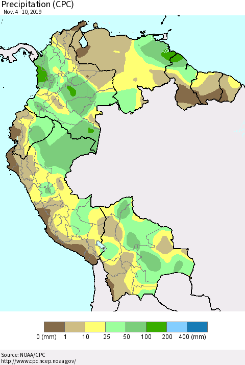 Northern South America Precipitation (CPC) Thematic Map For 11/4/2019 - 11/10/2019