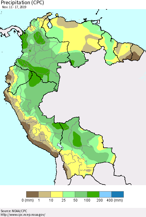 Northern South America Precipitation (CPC) Thematic Map For 11/11/2019 - 11/17/2019