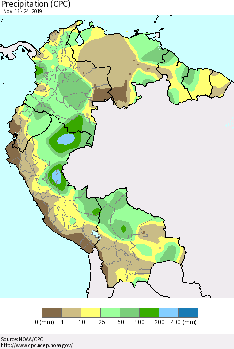 Northern South America Precipitation (CPC) Thematic Map For 11/18/2019 - 11/24/2019