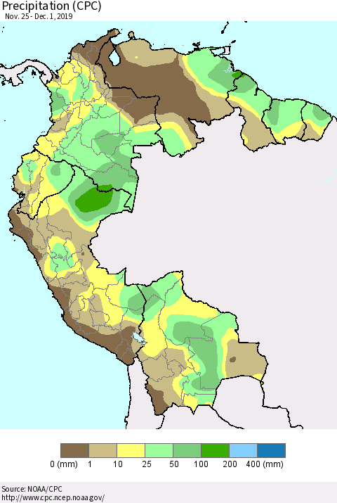 Northern South America Precipitation (CPC) Thematic Map For 11/25/2019 - 12/1/2019