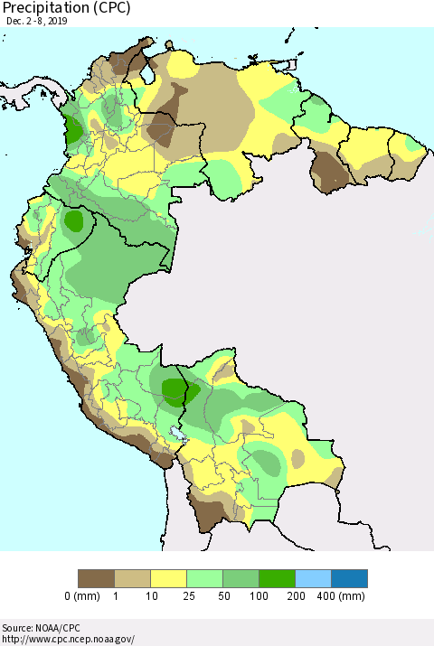 Northern South America Precipitation (CPC) Thematic Map For 12/2/2019 - 12/8/2019
