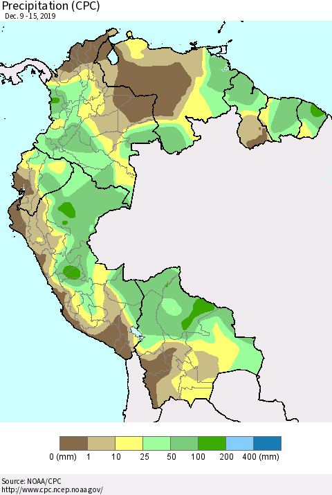 Northern South America Precipitation (CPC) Thematic Map For 12/9/2019 - 12/15/2019