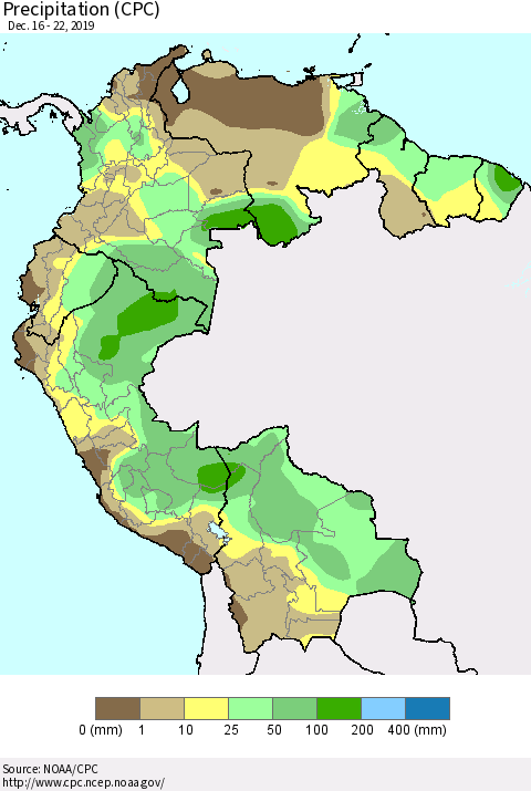 Northern South America Precipitation (CPC) Thematic Map For 12/16/2019 - 12/22/2019