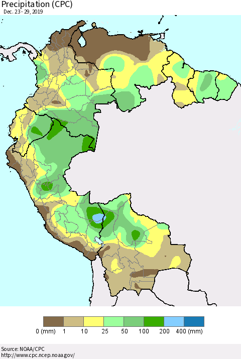 Northern South America Precipitation (CPC) Thematic Map For 12/23/2019 - 12/29/2019