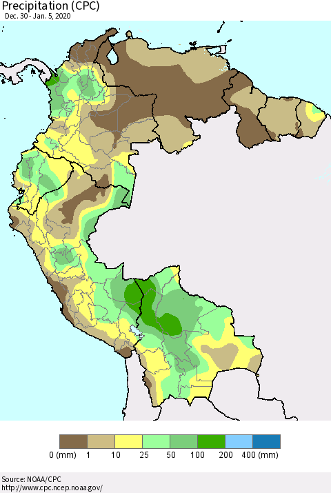 Northern South America Precipitation (CPC) Thematic Map For 12/30/2019 - 1/5/2020